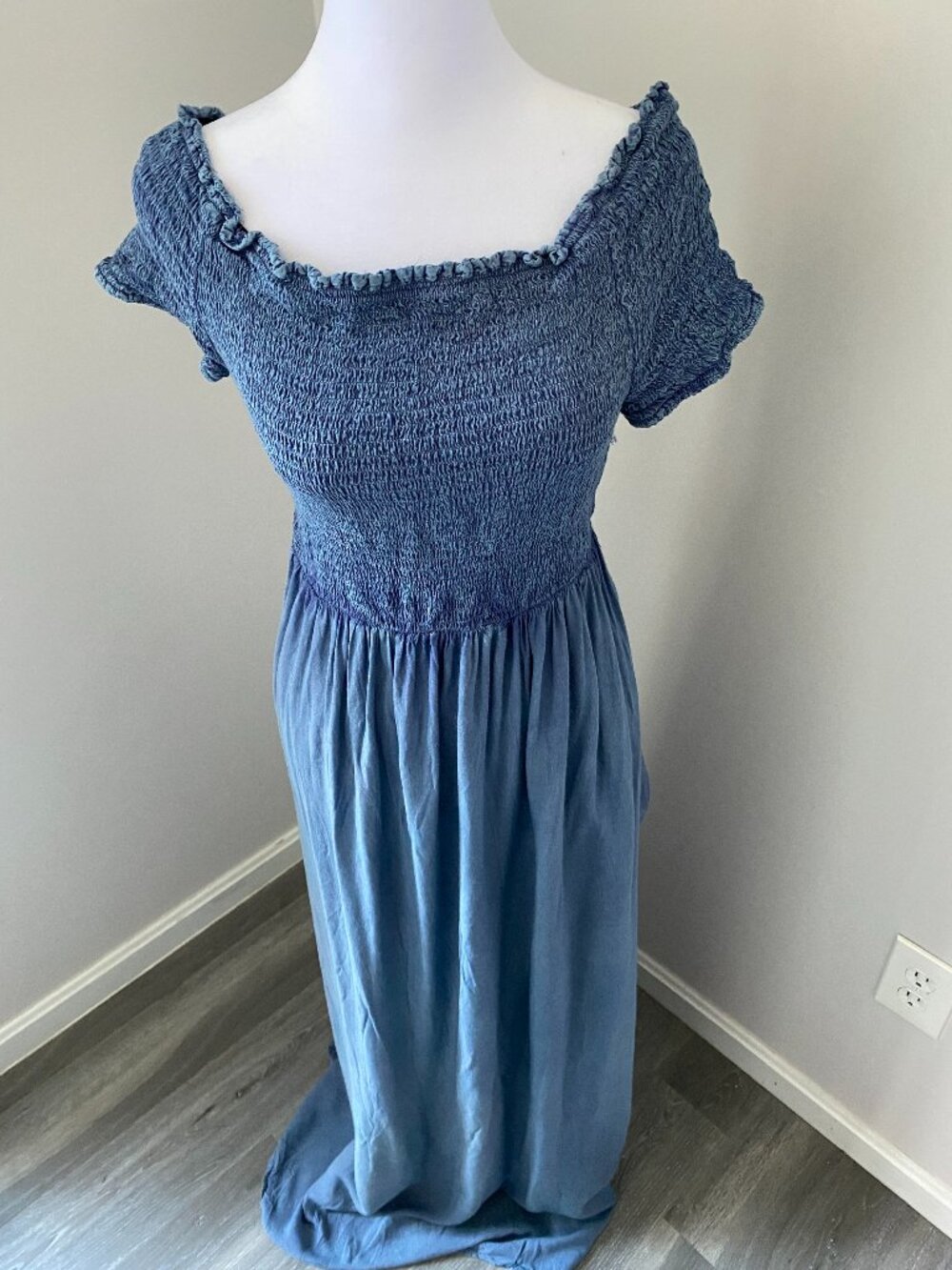 Blue Shirred Maxi Dress